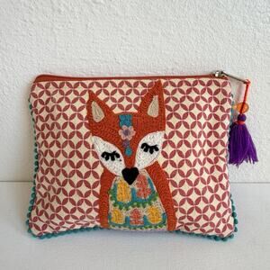 Karma Living Boho Fox Embroidered Zipper Pouch Tassel Pom Pom Makeup Clutch